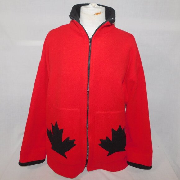 VTG Suttles & Seawinds Womes M - L Red Black Maple Leaf Fleece Jacket Canada - Picture 1 of 10